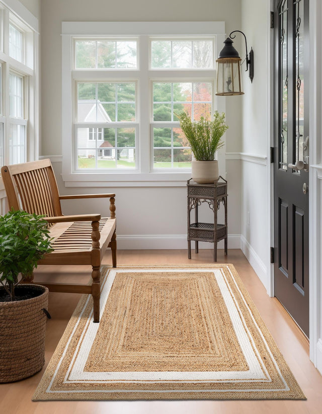Natural and White 4' 1 x 6' 1 Braided Jute Rectangle Area Rug 100% Jute Hand Braided Natural Eco-Friendly Boho Style Carpet for Living Rooms Dining Office Space Dorms for Sale at Rug Engine