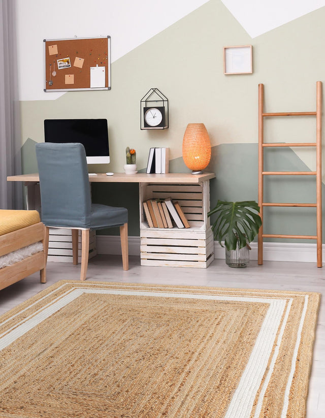 Natural and White 6' 1 x 9' Braided Jute Rectangle Area Rug 100% Jute Hand Braided Natural Eco-Friendly Boho Style Carpet for Living Rooms Dining Office Space Dorms for Sale at Rug Engine