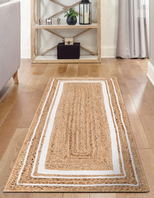 Natural and White 2' 6 x 6' 1 Braided Jute Runner Area Rug 100% Jute Hand Braided Natural Eco-Friendly Boho Style Carpet for Living Rooms Dining Office Space Dorms for Sale at Rug Engine