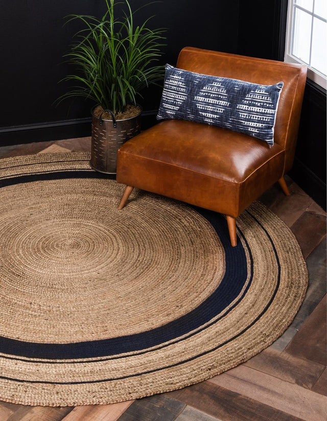 Natural and Navy Blue 8' x 8' Braided Jute Round Area Rug 100% Jute Hand Braided Natural Eco-Friendly Boho Style Carpet for Living Rooms Dining Office Space Dorms for Sale at Rug Engine
