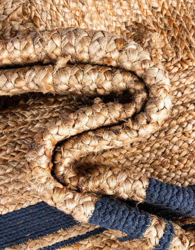 Natural and Navy Blue 8' x 8' Braided Jute Round Area Rug 100% Jute Hand Braided Natural Eco-Friendly Boho Style Carpet for Living Rooms Dining Office Space Dorms for Sale at Rug Engine