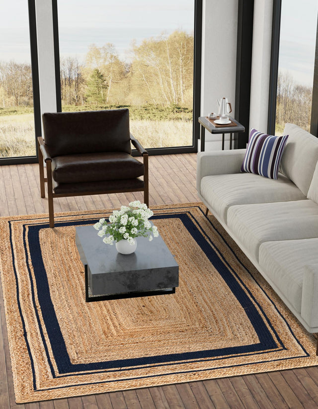 Natural and Navy Blue 6' 1 x 9' Braided Jute Rectangle Area Rug 100% Jute Hand Braided Natural Eco-Friendly Boho Style Carpet for Living Rooms Dining Office Space Dorms for Sale at Rug Engine