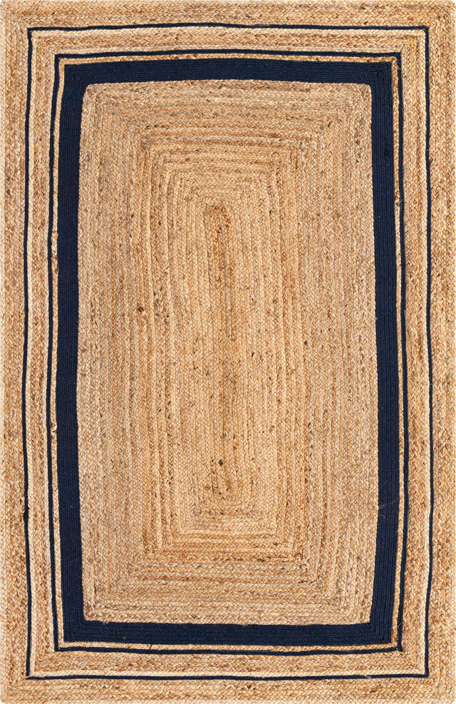 Natural and Navy Blue 5' 1 x 8' Braided Jute Rectangle Area Rug 100% Jute Hand Braided Natural Eco-Friendly Boho Style Carpet for Living Rooms Dining Office Space Dorms for Sale at Rug Engine