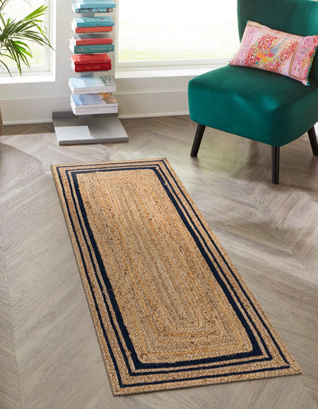 Natural and Navy Blue 2' 6 x 6' 1 Braided Jute Runner Area Rug 100% Jute Hand Braided Natural Eco-Friendly Boho Style Carpet for Living Rooms Dining Office Space Dorms for Sale at Rug Engine