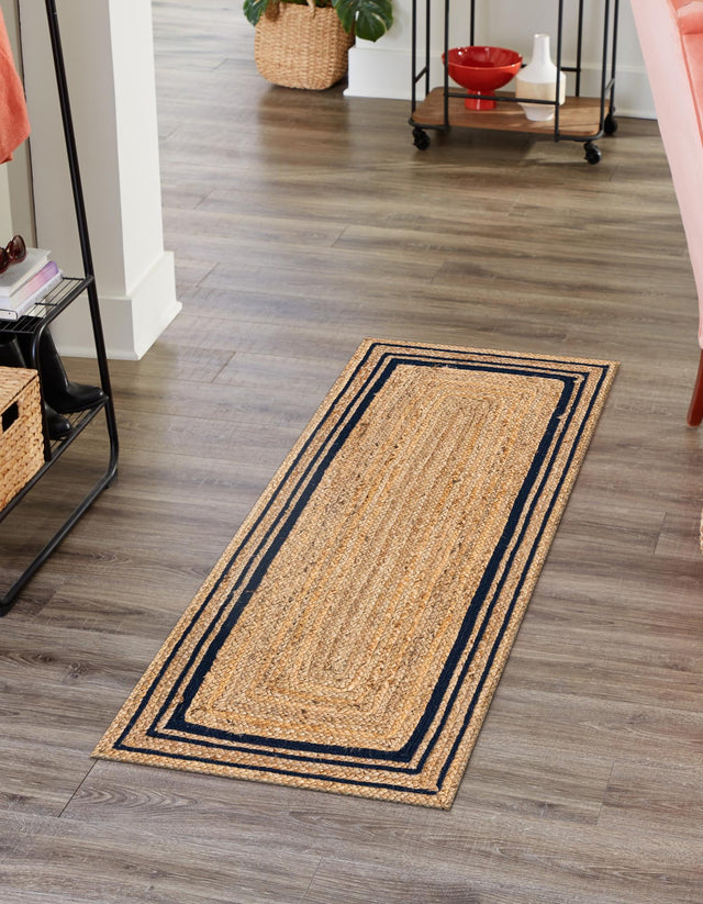 Natural and Navy Blue 2' 6 x 6' 1 Braided Jute Runner Area Rug 100% Jute Hand Braided Natural Eco-Friendly Boho Style Carpet for Living Rooms Dining Office Space Dorms for Sale at Rug Engine