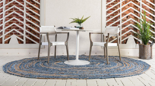 Blue and Natural 3' 3 x 5' 1 Braided Chindi Oval Area Rug 100% Cotton Hand Braided Natural Eco-Friendly Boho Style Modern Carpet for Living Rooms Dining Office Dorm for Sale at Rug Engine