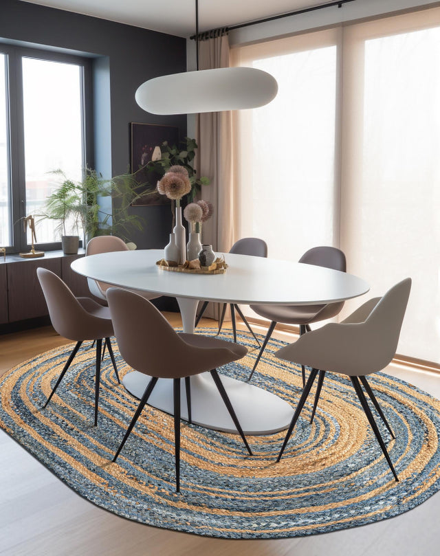 Blue and Natural 3' 3 x 5' 1 Braided Chindi Oval Area Rug 100% Cotton Hand Braided Natural Eco-Friendly Boho Style Modern Carpet for Living Rooms Dining Office Dorm for Sale at Rug Engine