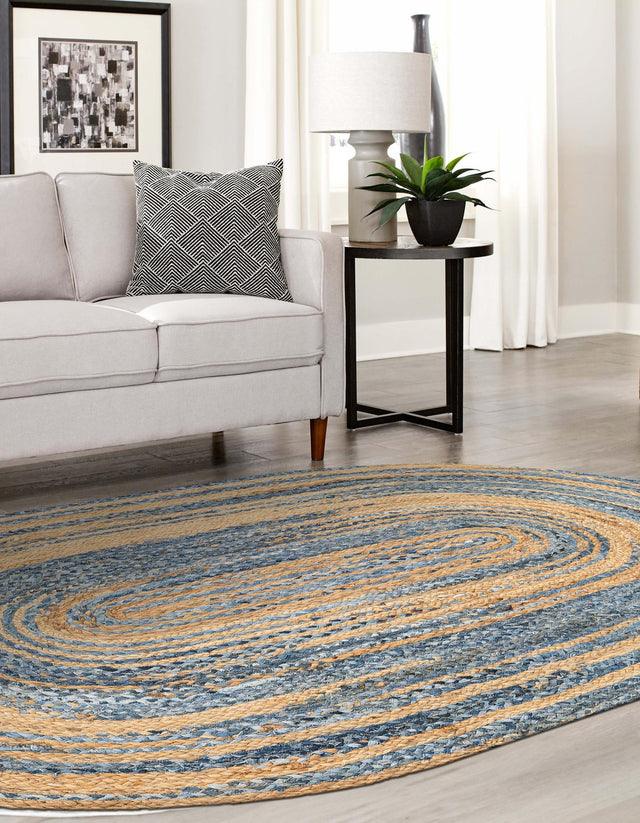 Blue and Natural 3' 3 x 5' 1 Braided Chindi Oval Area Rug 100% Cotton Hand Braided Natural Eco-Friendly Boho Style Modern Carpet for Living Rooms Dining Office Dorm for Sale at Rug Engine