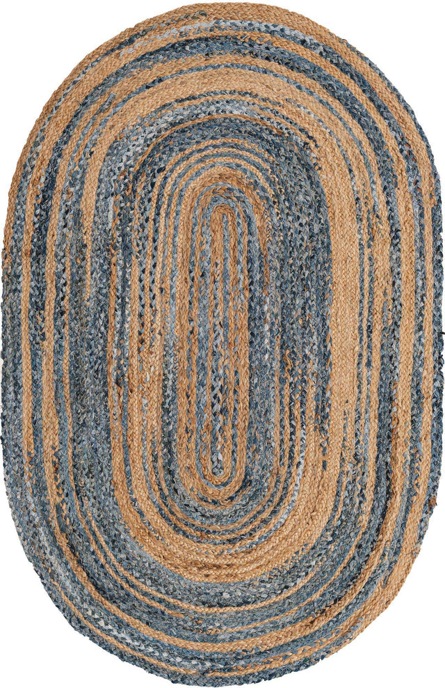 Blue and Natural 5' 1 x 8' Braided Chindi Oval Area Rug 100% Cotton Hand Braided Natural Eco-Friendly Boho Style Modern Carpet for Living Rooms Dining Office Dorm for Sale at Rug Engine