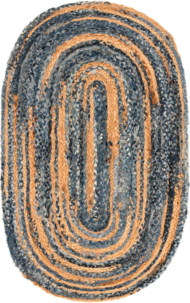 Blue and Natural 3' 3 x 5' 1 Braided Chindi Oval Area Rug 100% Cotton Hand Braided Natural Eco-Friendly Boho Style Modern Carpet for Living Rooms Dining Office Dorm for Sale at Rug Engine
