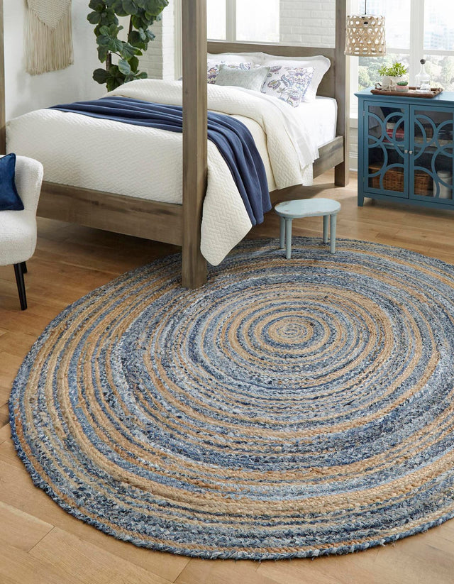 Blue and Natural 3' 3 x 3' 3 Braided Chindi Round Area Rug 100% Cotton Hand Braided Natural Eco-Friendly Boho Style Modern Carpet for Living Rooms Dining Office Dorm for Sale at Rug Engine