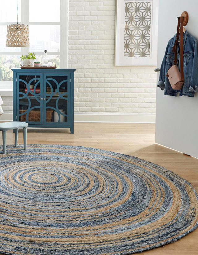 Blue and Natural 8' x 8' Braided Chindi Round Area Rug 100% Cotton Hand Braided Natural Eco-Friendly Boho Style Modern Carpet for Living Rooms Dining Office Dorm for Sale at Rug Engine