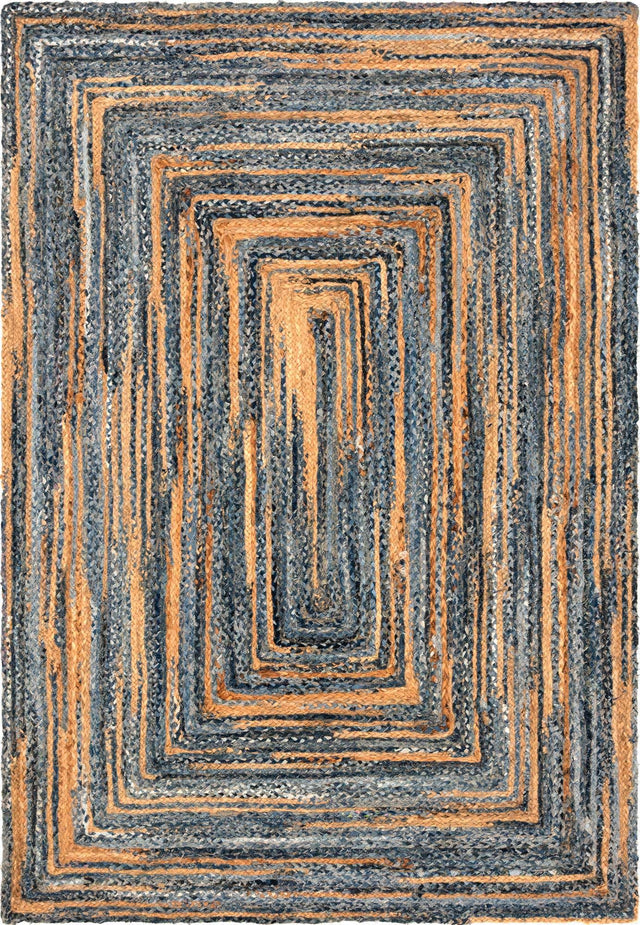 Blue and Natural 6' 1 x 9' Braided Chindi Rectangle Area Rug 100% Cotton Hand Braided Natural Eco-Friendly Boho Style Modern Carpet for Living Rooms Dining Office Dorm for Sale at Rug Engine
