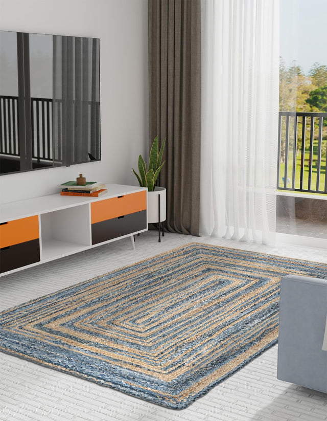 Blue and Natural 9' x 12' Braided Chindi Rectangle Area Rug 100% Cotton Hand Braided Natural Eco-Friendly Boho Style Modern Carpet for Living Rooms Dining Office Dorm for Sale at Rug Engine