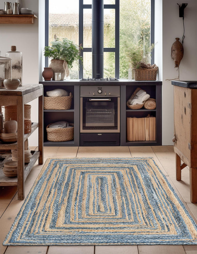 Blue and Natural 2' x 3' 1 Braided Chindi Rectangle Area Rug 100% Cotton Hand Braided Natural Eco-Friendly Boho Style Modern Carpet for Living Rooms Dining Office Dorm for Sale at Rug Engine