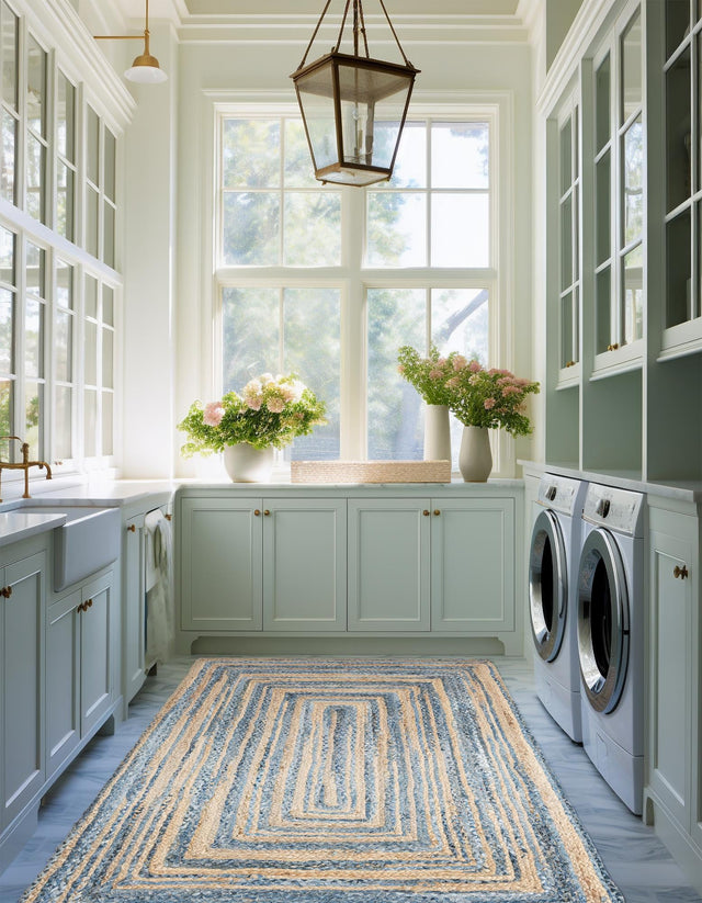 Blue and Natural 2' x 3' 1 Braided Chindi Rectangle Area Rug 100% Cotton Hand Braided Natural Eco-Friendly Boho Style Modern Carpet for Living Rooms Dining Office Dorm for Sale at Rug Engine