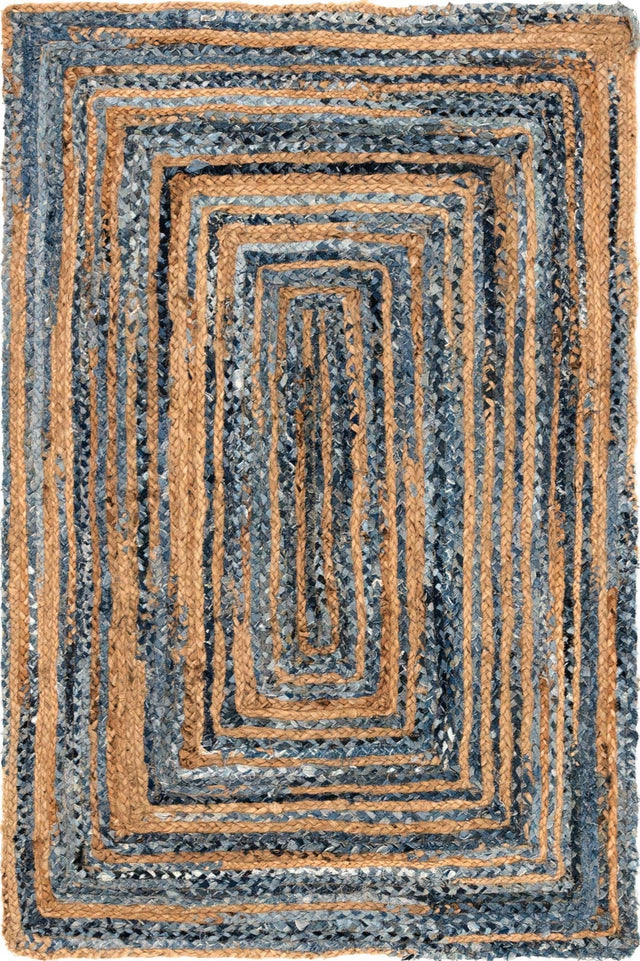Blue and Natural 4' 1 x 6' 1 Braided Chindi Rectangle Area Rug 100% Cotton Hand Braided Natural Eco-Friendly Boho Style Modern Carpet for Living Rooms Dining Office Dorm for Sale at Rug Engine