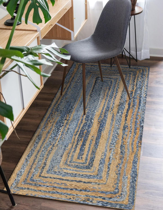 Blue and Natural 2' 6 x 6' 1 Braided Chindi Runner Area Rug 100% Cotton Hand Braided Natural Eco-Friendly Boho Style Modern Carpet for Living Rooms Dining Office Dorm for Sale at Rug Engine