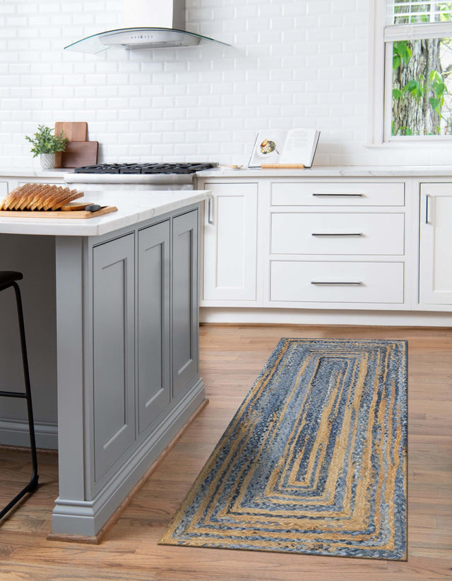 Blue and Natural 2' 6 x 6' 1 Braided Chindi Runner Area Rug 100% Cotton Hand Braided Natural Eco-Friendly Boho Style Modern Carpet for Living Rooms Dining Office Dorm for Sale at Rug Engine