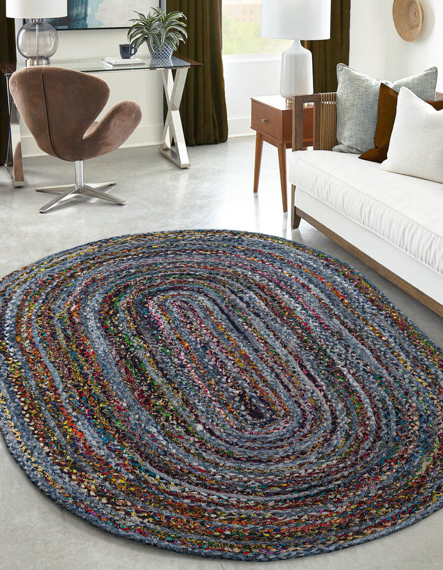 Blue and Multicolor 5' 1 x 8' Braided Chindi Oval Area Rug 100% Cotton Hand Braided Natural Eco-Friendly Boho Style Modern Carpet for Living Rooms Dining Office Dorm for Sale at Rug Engine