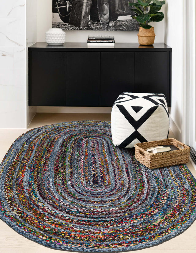 Blue and Multicolor 5' 1 x 8' Braided Chindi Oval Area Rug 100% Cotton Hand Braided Natural Eco-Friendly Boho Style Modern Carpet for Living Rooms Dining Office Dorm for Sale at Rug Engine