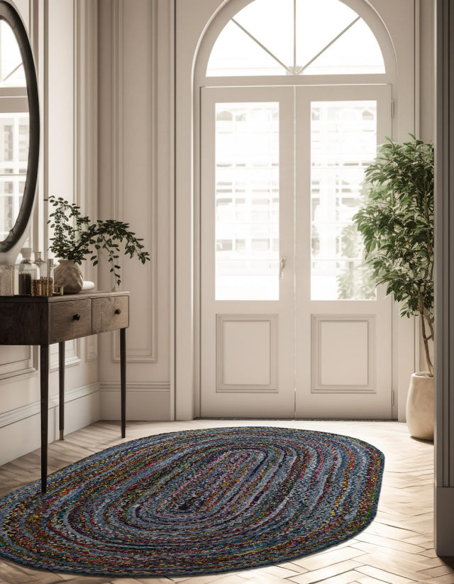 Blue and Multicolor 3' 3 x 5' 1 Braided Chindi Oval Area Rug 100% Cotton Hand Braided Natural Eco-Friendly Boho Style Modern Carpet for Living Rooms Dining Office Dorm for Sale at Rug Engine