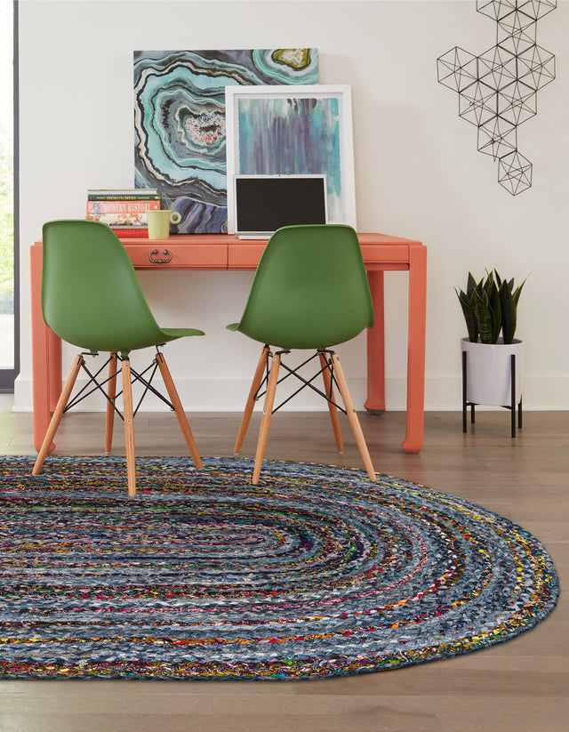 Blue and Multicolor 8' x 10' Braided Chindi Oval Area Rug 100% Cotton Hand Braided Natural Eco-Friendly Boho Style Modern Carpet for Living Rooms Dining Office Dorm for Sale at Rug Engine