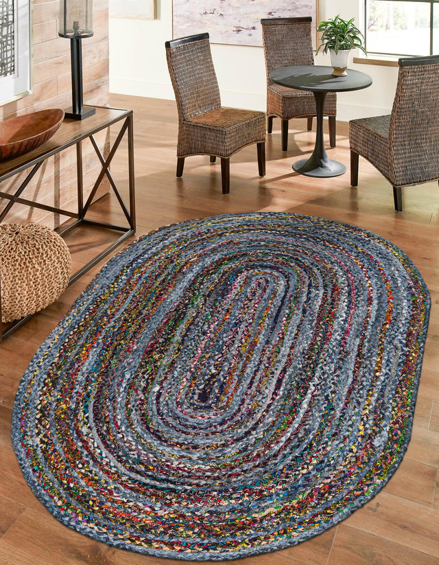 Blue and Multicolor 5' 1 x 8' Braided Chindi Oval Area Rug 100% Cotton Hand Braided Natural Eco-Friendly Boho Style Modern Carpet for Living Rooms Dining Office Dorm for Sale at Rug Engine
