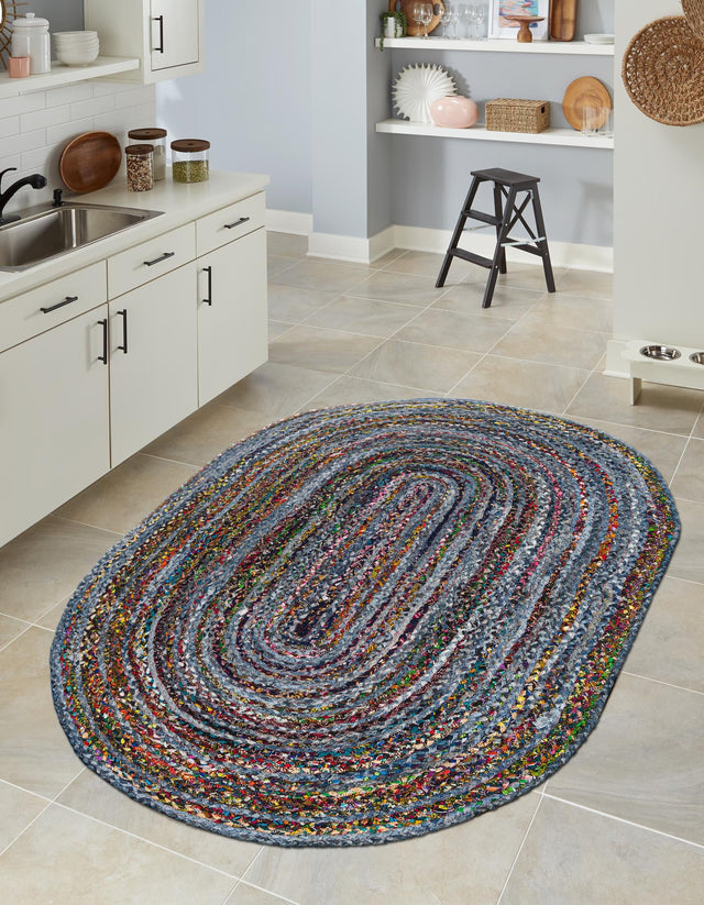 Blue and Multicolor 5' 1 x 8' Braided Chindi Oval Area Rug 100% Cotton Hand Braided Natural Eco-Friendly Boho Style Modern Carpet for Living Rooms Dining Office Dorm for Sale at Rug Engine