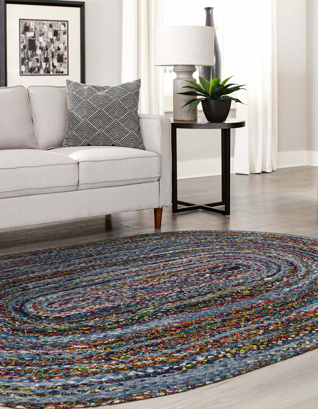 Blue and Multicolor 5' 1 x 8' Braided Chindi Oval Area Rug 100% Cotton Hand Braided Natural Eco-Friendly Boho Style Modern Carpet for Living Rooms Dining Office Dorm for Sale at Rug Engine