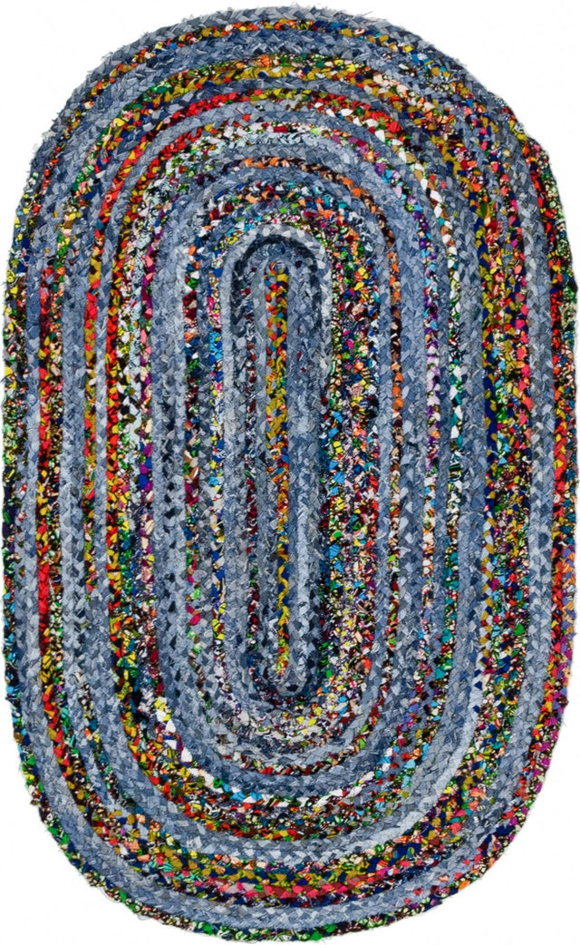 Blue and Multicolor 3' 3 x 5' 1 Braided Chindi Oval Area Rug 100% Cotton Hand Braided Natural Eco-Friendly Boho Style Modern Carpet for Living Rooms Dining Office Dorm for Sale at Rug Engine