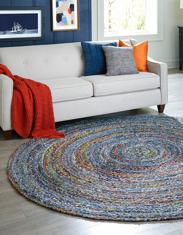 Blue and Multicolor 3' 3 x 3' 3 Braided Chindi Round Area Rug 100% Cotton Hand Braided Natural Eco-Friendly Boho Style Modern Carpet for Living Rooms Dining Office Dorm for Sale at Rug Engine