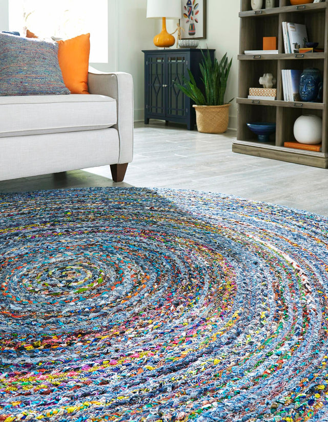 Blue and Multicolor 3' 3 x 3' 3 Braided Chindi Round Area Rug 100% Cotton Hand Braided Natural Eco-Friendly Boho Style Modern Carpet for Living Rooms Dining Office Dorm for Sale at Rug Engine