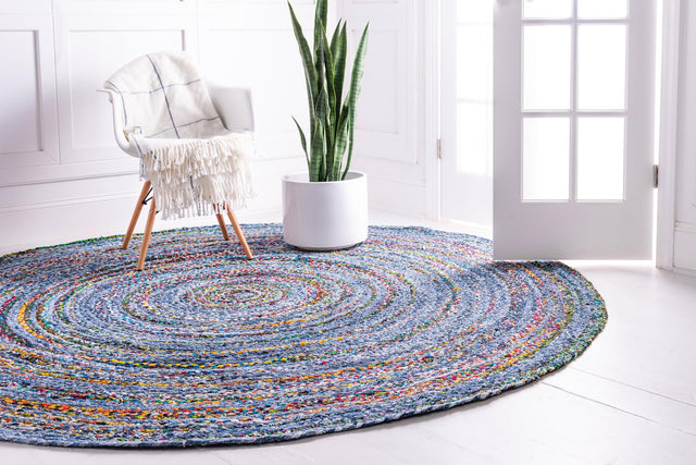Blue and Multicolor 3' 3 x 3' 3 Braided Chindi Round Area Rug 100% Cotton Hand Braided Natural Eco-Friendly Boho Style Modern Carpet for Living Rooms Dining Office Dorm for Sale at Rug Engine
