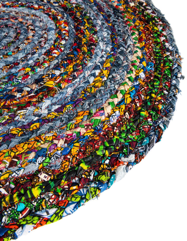 Blue and Multicolor 8' x 8' Braided Chindi Round Area Rug 100% Cotton Hand Braided Natural Eco-Friendly Boho Style Modern Carpet for Living Rooms Dining Office Dorm for Sale at Rug Engine