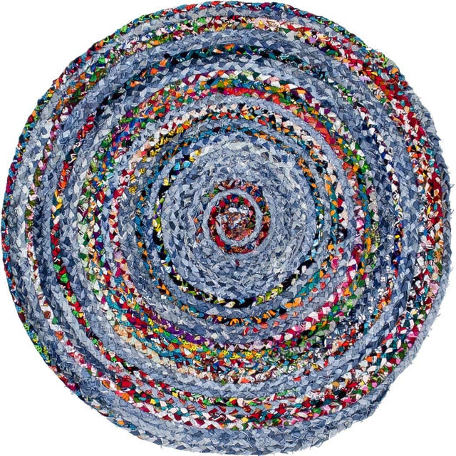 Blue and Multicolor 3' 3 x 3' 3 Braided Chindi Round Area Rug 100% Cotton Hand Braided Natural Eco-Friendly Boho Style Modern Carpet for Living Rooms Dining Office Dorm for Sale at Rug Engine