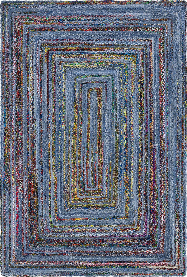 Blue and Multicolor 6' 1 x 9' Braided Chindi Rectangle Area Rug 100% Cotton Hand Braided Natural Eco-Friendly Boho Style Modern Carpet for Living Rooms Dining Office Dorm for Sale at Rug Engine