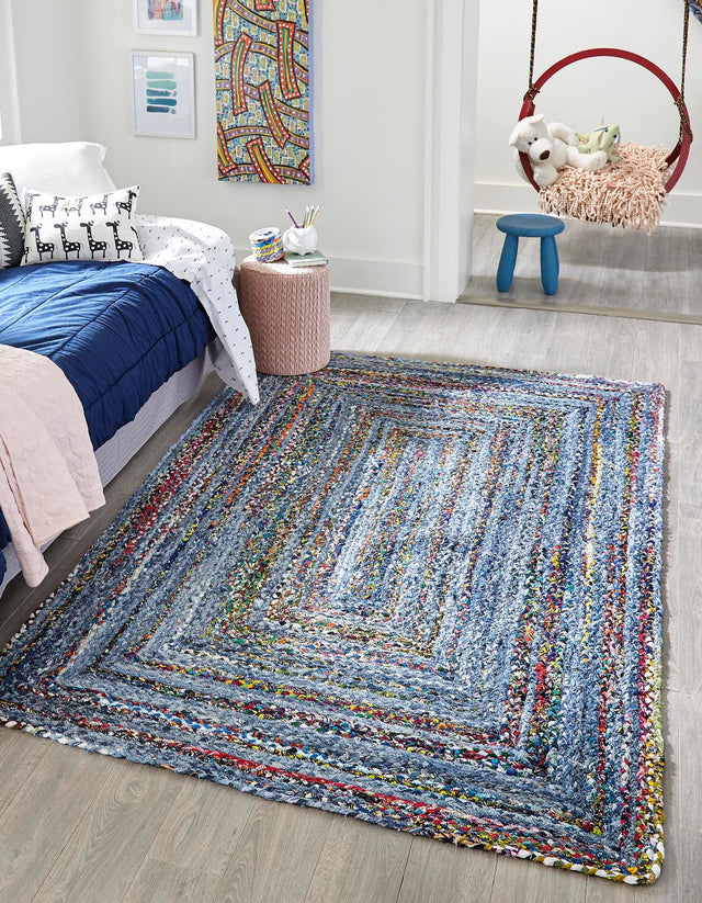 Blue and Multicolor 6' 1 x 9' Braided Chindi Rectangle Area Rug 100% Cotton Hand Braided Natural Eco-Friendly Boho Style Modern Carpet for Living Rooms Dining Office Dorm for Sale at Rug Engine