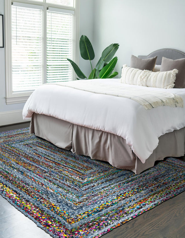Blue and Multicolor 8' x 10' Braided Chindi Rectangle Area Rug 100% Cotton Hand Braided Natural Eco-Friendly Boho Style Modern Carpet for Living Rooms Dining Office Dorm for Sale at Rug Engine