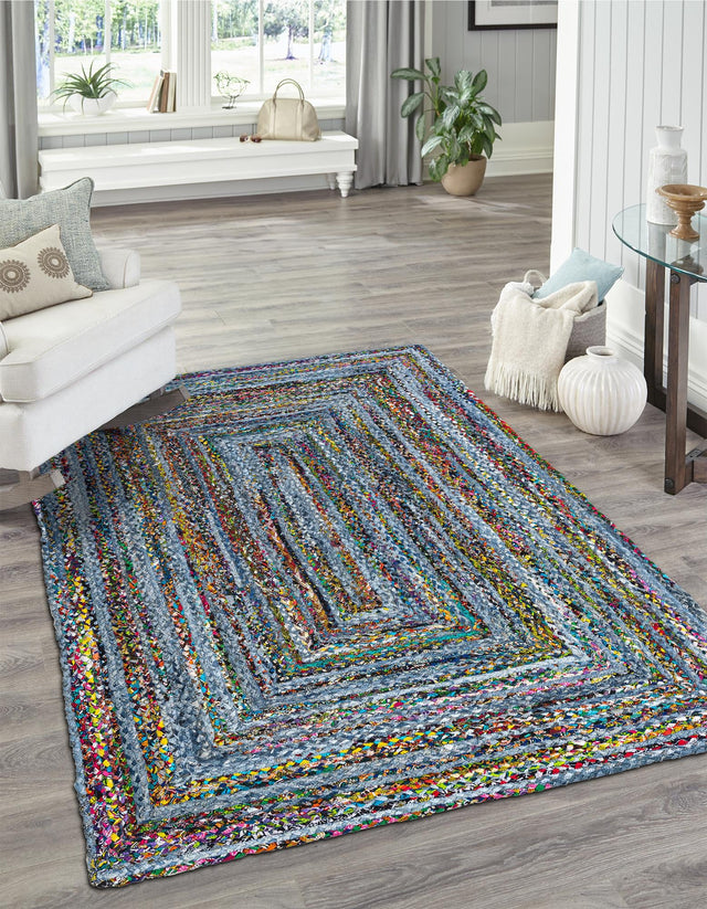 Blue and Multicolor 5' 1 x 8' Braided Chindi Rectangle Area Rug 100% Cotton Hand Braided Natural Eco-Friendly Boho Style Modern Carpet for Living Rooms Dining Office Dorm for Sale at Rug Engine