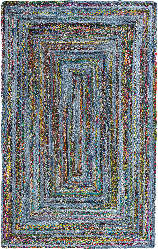 Blue and Multicolor 5' 1 x 8' Braided Chindi Rectangle Area Rug 100% Cotton Hand Braided Natural Eco-Friendly Boho Style Modern Carpet for Living Rooms Dining Office Dorm for Sale at Rug Engine