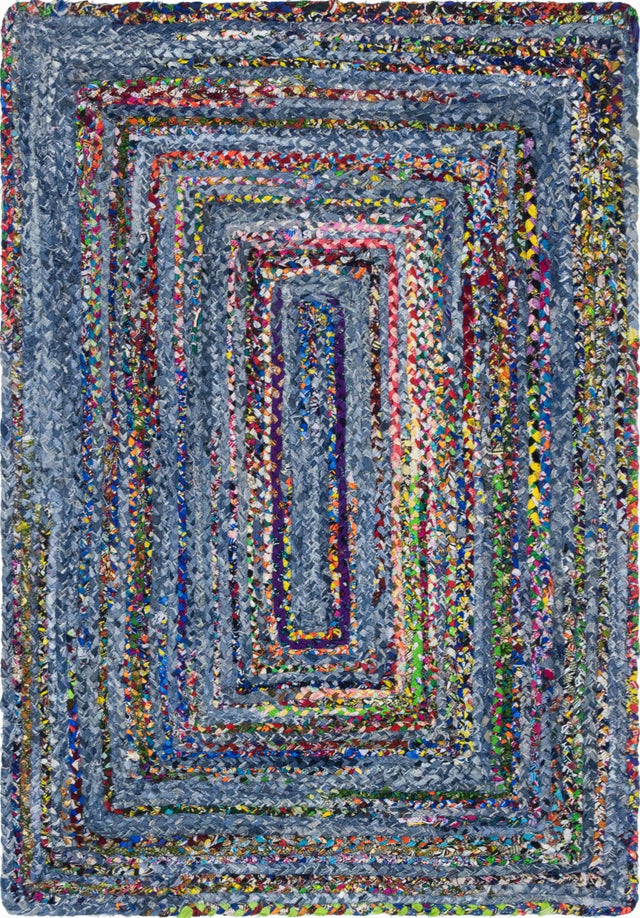 Blue and Multicolor 4' 1 x 6' 1 Braided Chindi Rectangle Area Rug 100% Cotton Hand Braided Natural Eco-Friendly Boho Style Modern Carpet for Living Rooms Dining Office Dorm for Sale at Rug Engine
