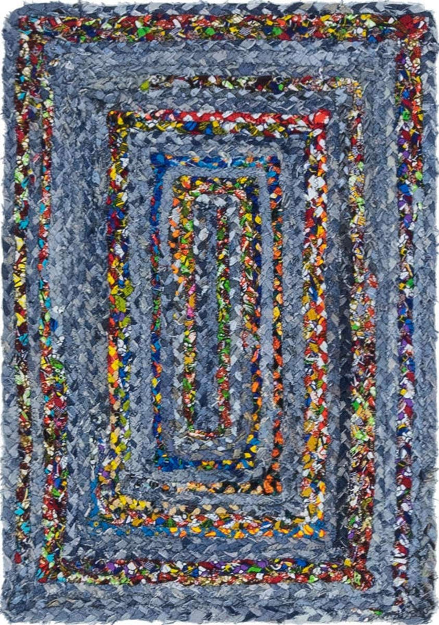 Blue and Multicolor 2' x 3' 1 Braided Chindi Rectangle Area Rug 100% Cotton Hand Braided Natural Eco-Friendly Boho Style Modern Carpet for Living Rooms Dining Office Dorm for Sale at Rug Engine