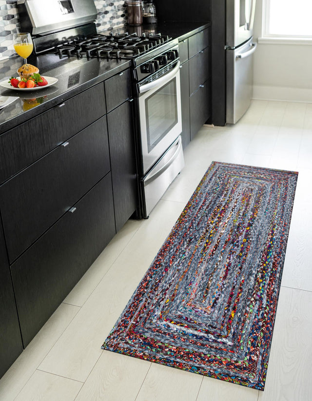 Blue and Multicolor 2' 7 x 6' 1 Braided Chindi Runner Area Rug 100% Cotton Hand Braided Natural Eco-Friendly Boho Style Modern Carpet for Living Rooms Dining Office Dorm for Sale at Rug Engine