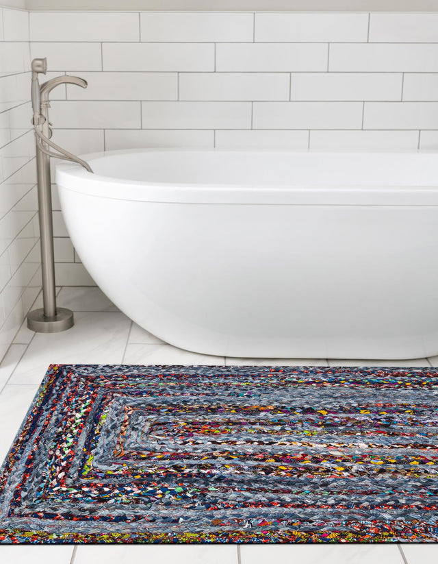 Blue and Multicolor 2' 7 x 6' 1 Braided Chindi Runner Area Rug 100% Cotton Hand Braided Natural Eco-Friendly Boho Style Modern Carpet for Living Rooms Dining Office Dorm for Sale at Rug Engine