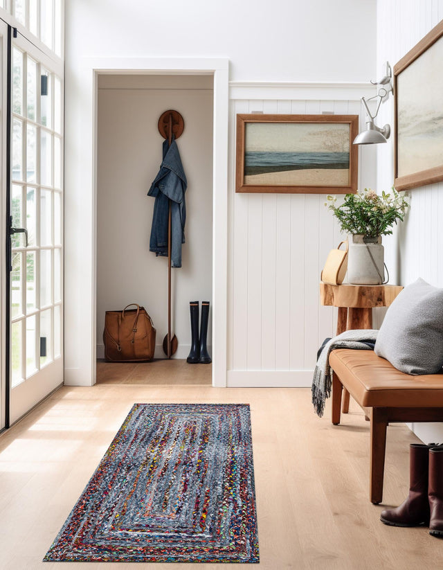 Blue and Multicolor 2' 7 x 6' 1 Braided Chindi Runner Area Rug 100% Cotton Hand Braided Natural Eco-Friendly Boho Style Modern Carpet for Living Rooms Dining Office Dorm for Sale at Rug Engine