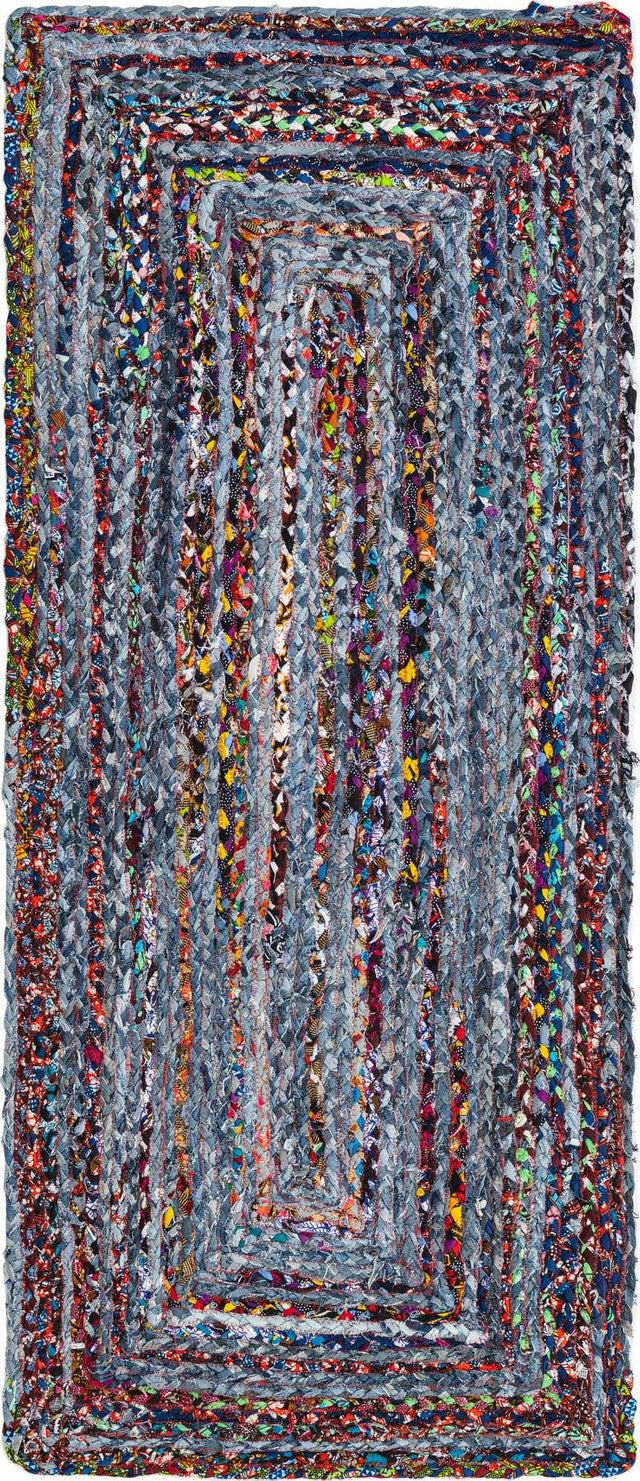 Blue and Multicolor 2' 7 x 6' 1 Braided Chindi Runner Area Rug 100% Cotton Hand Braided Natural Eco-Friendly Boho Style Modern Carpet for Living Rooms Dining Office Dorm for Sale at Rug Engine