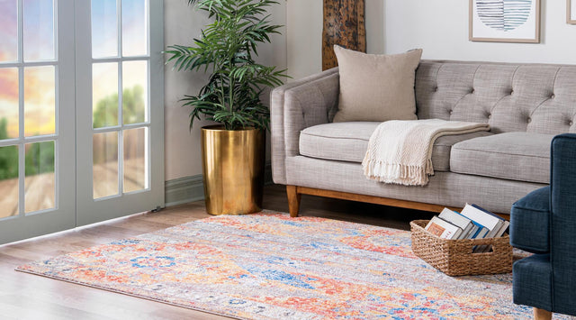 Orange 4' 1 x 6' 1 Basilica Rectangle Area Rug 100% Polyester With Jute Backing Colorful Distressed Vintage Modern Carpet for Dorm Room Living Dining Office Decor Easy to Clean Rustic Interior Design for Sale at Rug Engine