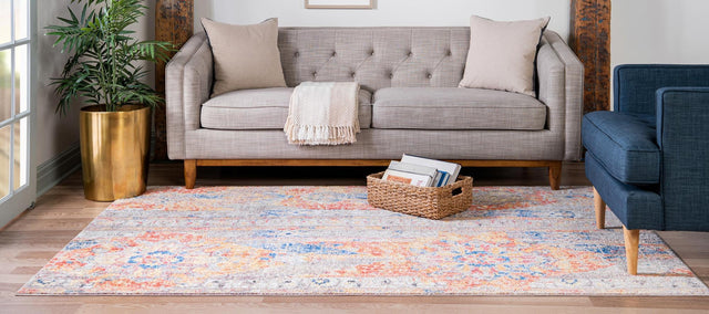 Orange 4' 1 x 6' 1 Basilica Rectangle Area Rug 100% Polyester With Jute Backing Colorful Distressed Vintage Modern Carpet for Dorm Room Living Dining Office Decor Easy to Clean Rustic Interior Design for Sale at Rug Engine