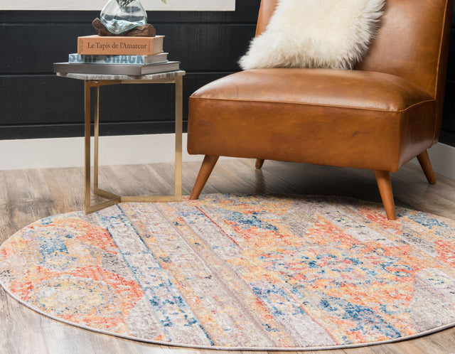 Orange 5' x 5' Basilica Round Area Rug 100% Polyester With Jute Backing Colorful Distressed Vintage Modern Carpet for Dorm Room Living Dining Office Decor Easy to Clean Rustic Interior Design for Sale at Rug Engine